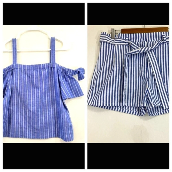 Set of Top and Shorts Love Tree Blue Stripes Size Large - Picture 1 of 16